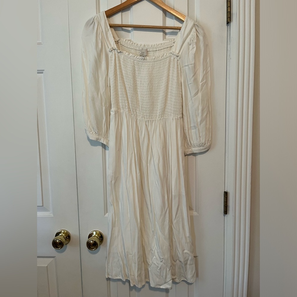 Smocked White Square Neck Midi Dress Size XS